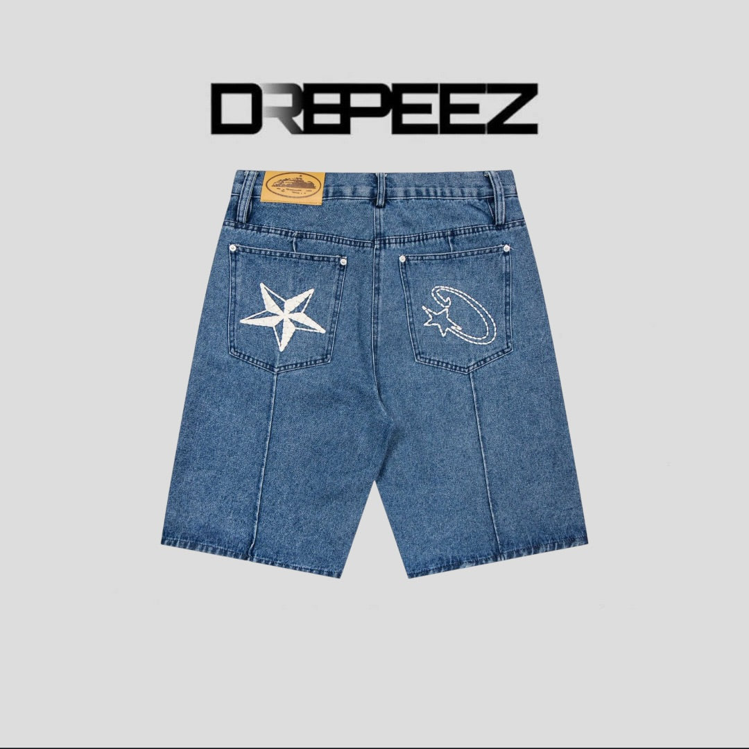 Corteiz C-Star Denim Shorts Faded Blue